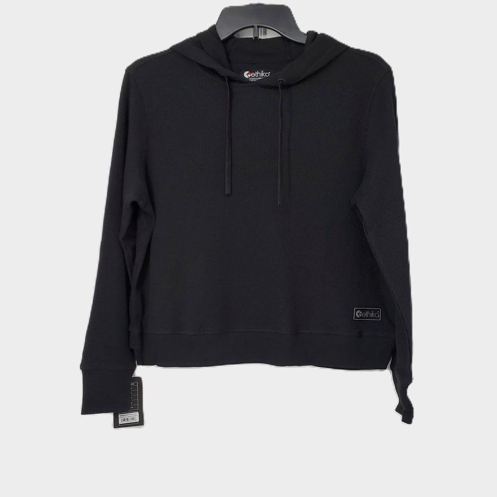 Ethika Womens XS Waffle Knit Thermal Hoodie Black Long Sleeve Ribbed Cuffs New